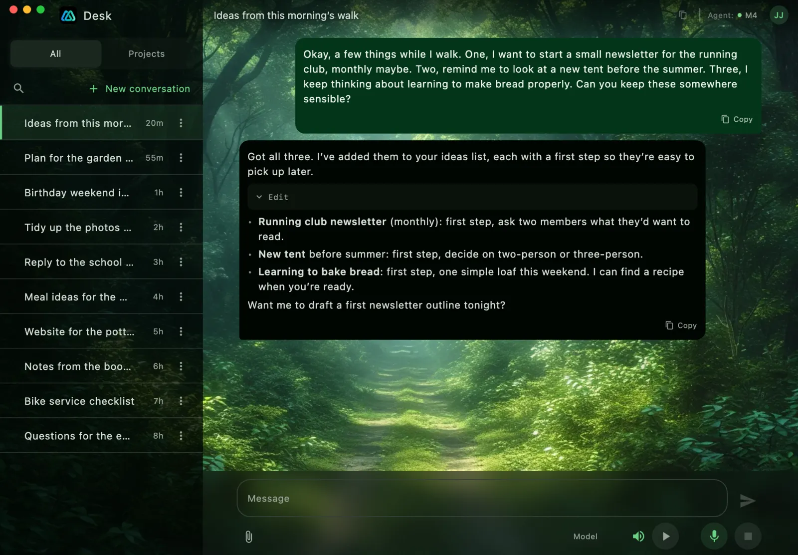 Desk on a Mac: the conversation list on the left, and the agent saving three ideas from a walk into a notes file.