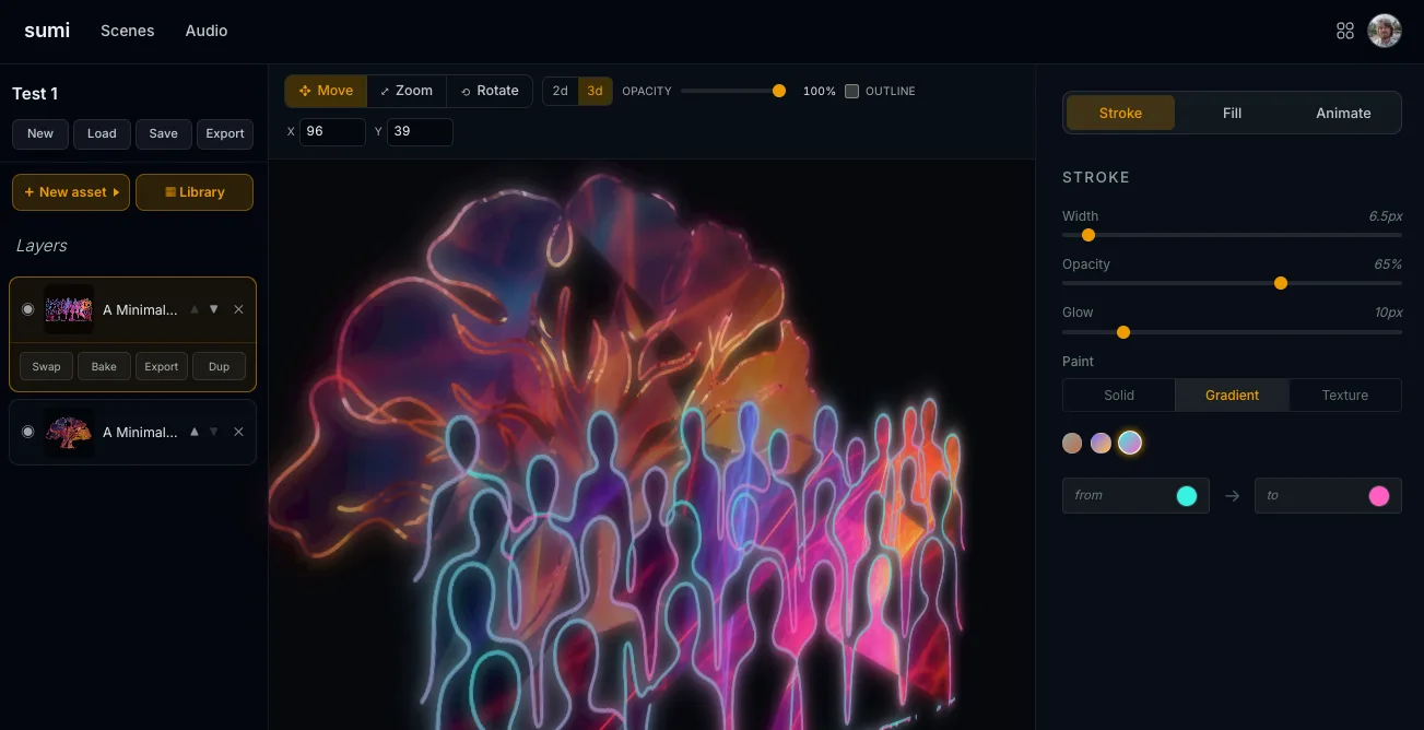 Sumi styling a glowing line-art scene in layers